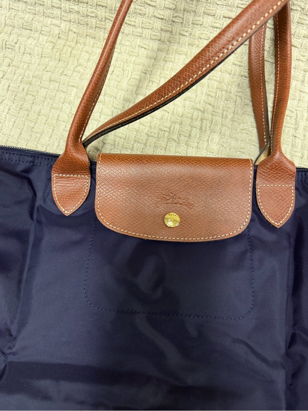 Longchamp Dark Purple Nylon Shoulder Bag with Brown Leather Trim - Picture 3 of 7